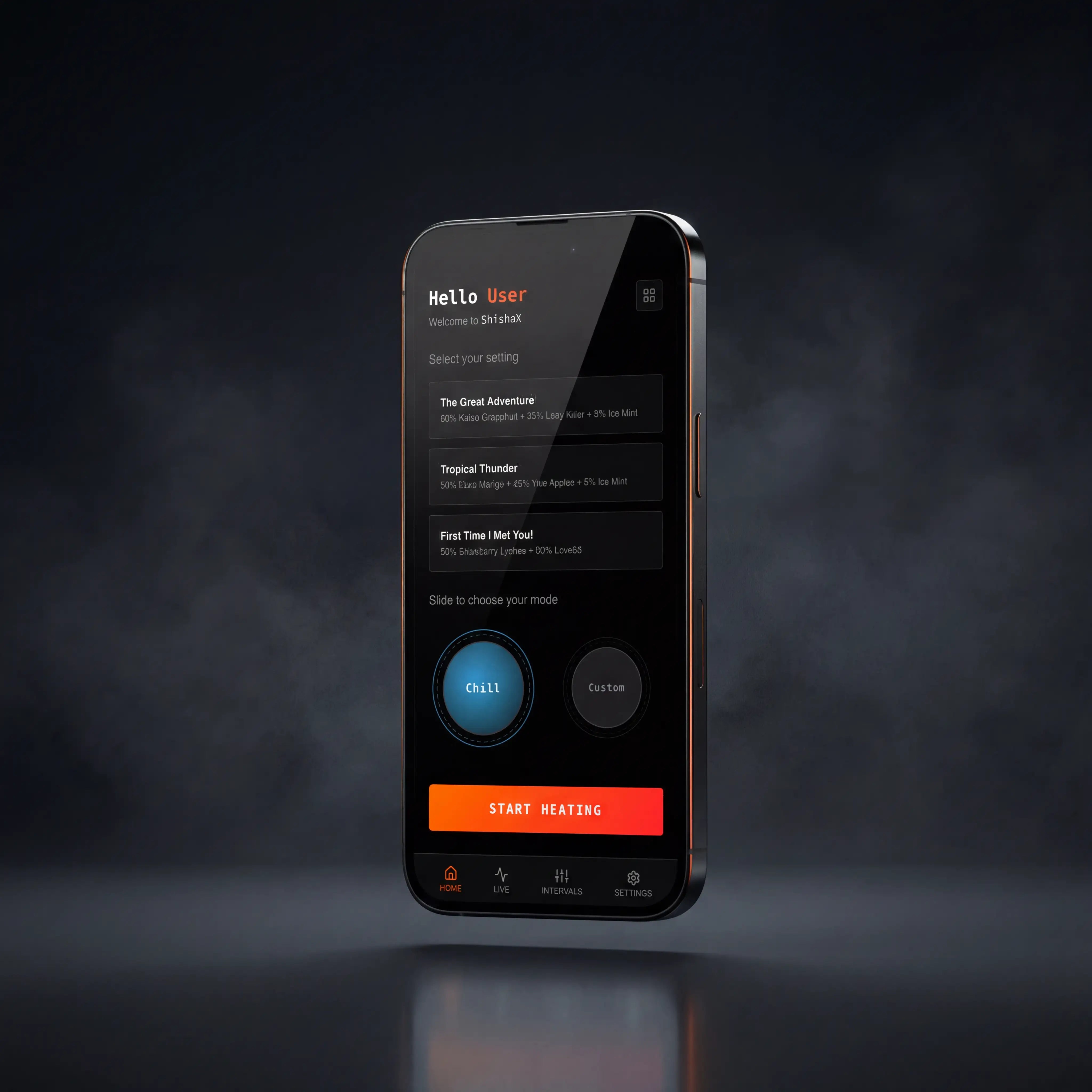 Smartphone showing the ShishaX app for VOLTA electric hookah control